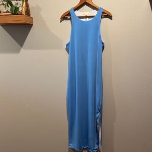 New NWT No Comment Sky Blue White Sleeveless Maxi Dress Reversible Front Slit